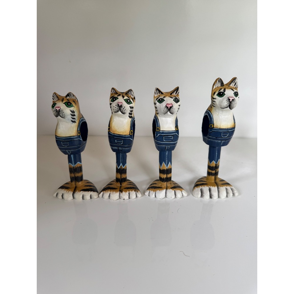 Vintage Hand Painted Wooden Cat Napkin Rings Set of 8 Tabby Overalls Folk Art